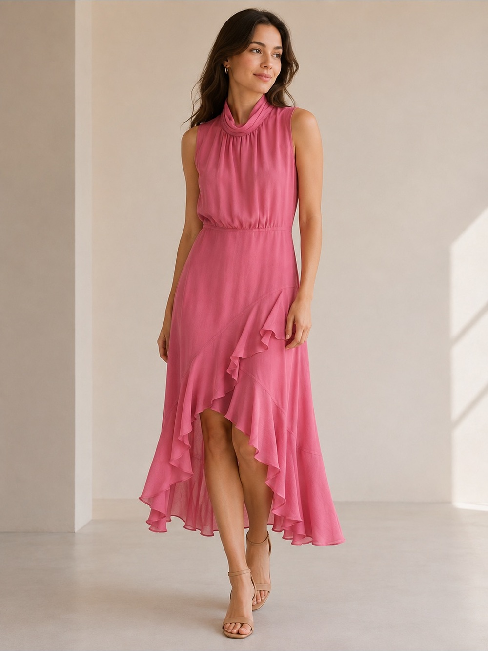 CeCe Pink Ruffle High-Low Sleeveless Dress